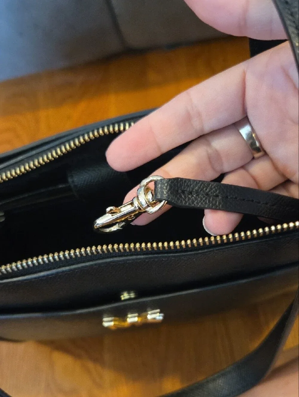 Michael Kors Black Leather Tote with Gold MK Logo - Picture 7 of 9